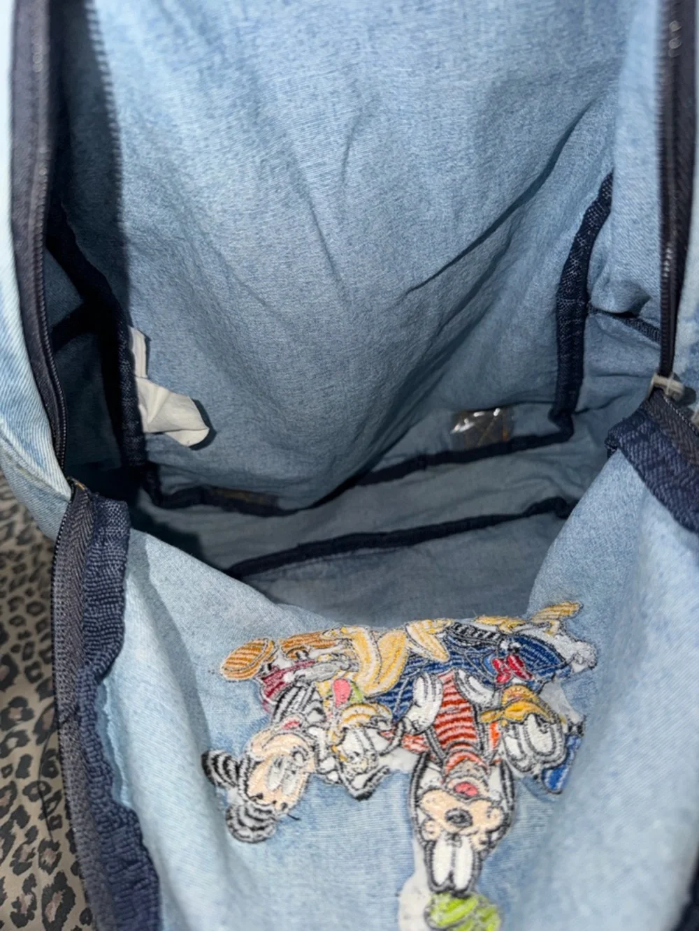 Disney Light Blue Denim Backpack with Mickey, Donald, Goofy & Pluto Patch